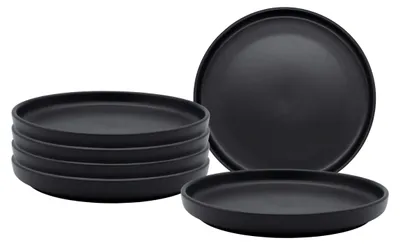 A set of black dinner plates are displayed on a white background.