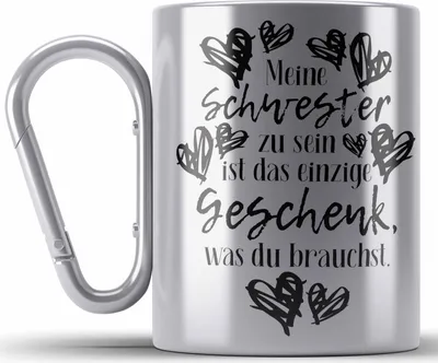Produktbild von Trendation - Beste Schwester Edelstahl Tasse Karabiner Spruch Geschenkidee Geburtstag Schwester von Schwester Bruder (Silber)