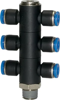 Produktbild von Riegler T-Mehrfachverteiler »Blaue Serie«, 6-fach drehbar, R 3/8 a. Ø 10mm