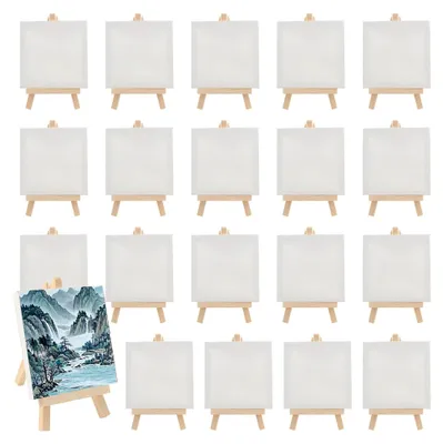 Produktbild von Mini-Leinwand und Staffelei, 10 x 10 cm, kleine Kunstleinwand mit 8 x 15 cm Holzstaffeleien, Tisch-Staffelei, gespannte leere Leinwand zum Zeichnen, Malen, Hochzeitsdekoration, 20 Sets