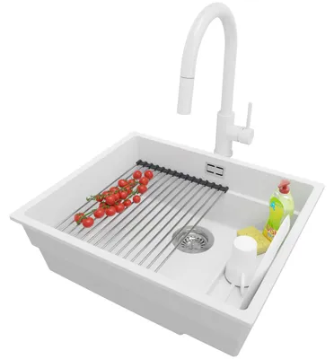 Produktbild von PRIMAGRAN Granitspüle Weiß 56x47cm, Spülbecken 1 Becken + Küchenarmatur 40x20cm + Ablauf-Set + Küchenzubehörset, Küchenspüle ab 60er Unterschrank - Praga Slim