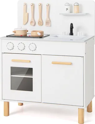 Produktbild von GOPLUS Kinderküche, Spielküche mit beleuchtetem Herd, Kochgeräuschen, Ofen, Spüle, Kochkleidung, Wasserhahn & Küchenzubehör, Weiß