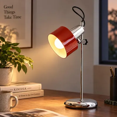 Produktbild von Retro Tischlampe in Rot mit E27 und 9 W, 3 Lichtfarben von 3000 K bis 6000 K, drehbarem Lampenkopf und verstellbarer Höhe
