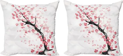 Produktbild von ABAKUHAUS Kirschblüte Kissenbezug Set (2Stück), Träumerisches japanisches Natur-Thema Sakura Tree Branch Artwork, 40 x 40 cm, Dunkle Koralle und Schwarz