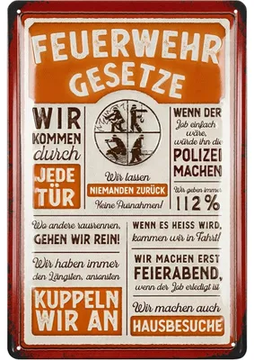 Produktbild von LANOLU Retro Blechschild Feuerwehrgesetze - Feuerwehrmann Geschenke für Männer, Feuerwehr Deko Schild - Metallschild mit Spruch, 20x30cm