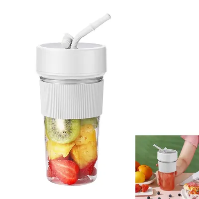 Produktbild von Kabelloser Standmixer,Elektrischer Saftmixer Becher,350ml Smoothie Maker mit Trinkhalm, USB-C, 6 Klingen aus Edelstahl, Weiß