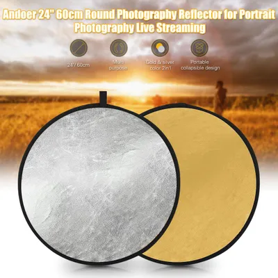 Obrázek produktu pro Andoer 24" 60cm přenosný skládací světelný reflektor Fotografický reflektor zlatý a stříbrný 2 v 1 pro portrétní fotografii živé vysílání