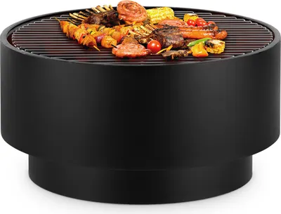 Produktbild von blumfeldt Pompeji Feuerschale & Grill, Feuertonne, verchromter Grillrost, Feuerschale: Ø 60 cm, Grillrost: Ø 56 cm, Maße: 60 x 40 cm (ØxH), Kohlegitter, mit Bambustischplatte, schwarz