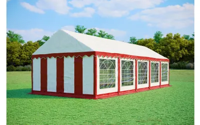 Obrázek produktu pro Párty stan 4x10 m PREMIUM – PVC 500 g/m² s protipožární úpravou, spodní rám + střešní výztuhy, až 80 osob - Červeno-bílá