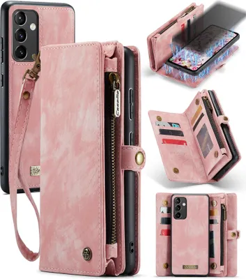 Image de Etui pour Samsung Galaxy A54, étui en cuir multifonctionnel vintage avec fentes pour cartes et fermeture éclair rose
