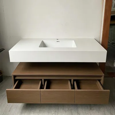 Produktbild von Integriertes Waschbecken aus Sinterstein-Keramik, Wandwaschbecken mit Hahnloch, Badezimmerschrank mit Schublade und LED-Spiegel 120*55cm 【YBTC383-120】