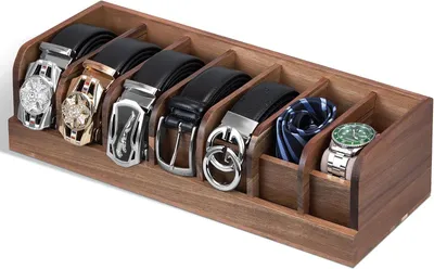Productafbeelding van Riemorganizer van acaciahout met 7 vakken, houder voor riemen, stropdassen en accessoires