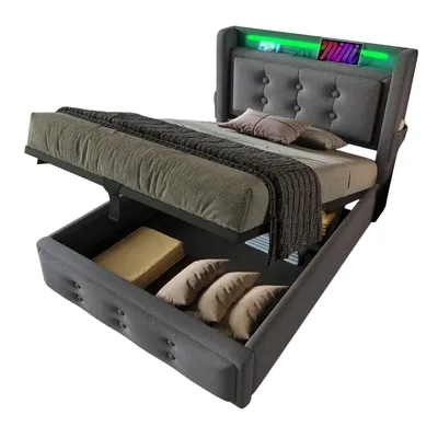 Produktbild von Polsterbett 90x200, Einzelbett mit Led-Kopfteil&USB C Ladefunktion, Hydraulisches Lattenrost Holz,Metallrahmen, Belastbarkeit 150kg,Grau,Baumwolle