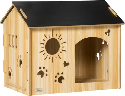 Produktbild von Hundehütte, mit Lüftungsöffnungen, wetterfest, Holzmaterial, Schwarz+Holzfarbe, 69 x 50 x 58,5 cm