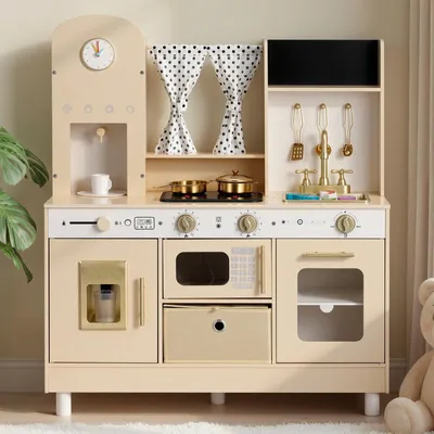 Productafbeelding van Speelkeuken voor kinderen. Moderne kinderkeuken met licht en geluid. Houten keuken met fornuis, oven, spoelbak, magnetron, ijsmachine en drankdispenser. Beige, model M