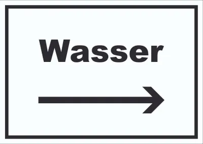 Produktbild von Wasser Schild mit Text und Richtungspfeil rechts Anschluss waagerecht A5 Rückseite selbstklebend