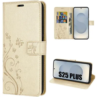 Image de Coque pour Samsung Galaxy S25 Plus (S25+) Flip Case Antichoc Cuir Synthétique Motif Relief Floral Papillon - Doré