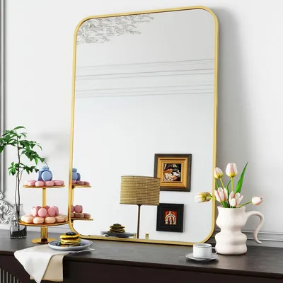 Produktbild von Rechteckiger Wandspiegel mit Goldenem Metallrahmen für Badezimmer und Wohnzimmer