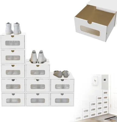 Image de LZQ 10x boîte de rangement nature, boîte à chaussures boîte à chaussures boîte à chaussures, transparente avec fenêtre, empilable, blanc