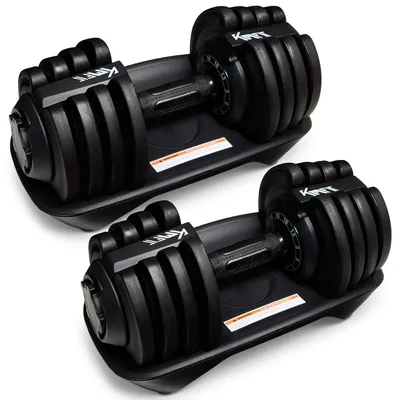 Image de Ensemble de 2 haltères réglables KM-Fit, poids de 1,5 à 18 kg par haltère, 12 niveaux de poids, mécanisme de rotation à une main, fonte, poignée antidérapante, idéal pour une salle de sport à domicile