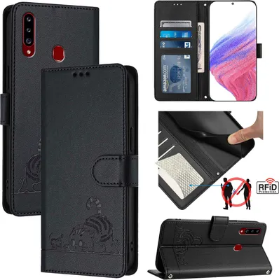 Obrázek produktu pro Kožené pouzdro pro Samsung Galaxy A20S, sladká kočka Flip pouzdro s funkcí stojánku a peněženkou černé