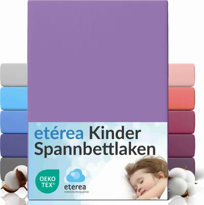 A product image showing a stack of colorful fitted sheets with a child sleeping on a pillow in the foreground.