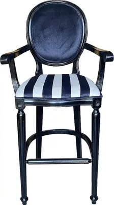 Produktbild von Casa Padrino Barock Barstuhl mit Armlehnen Schwarz / Weiß / Schwarz - Gestreifter Antik Stil Samt Barhocker - Handgefertigte Barock Barmöbel