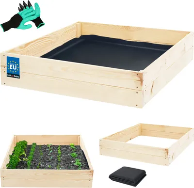 Produktbild von KOTARBAU® Tiefbeet Blumenkasten aus Holz 120x120x18cm Pflanzkästen Naturfarbe Hochbeet Kräuterbeete Pflanzkübel groß Anzuchtbeet Hochbeete für garten Gemüsezucht Gemüsekiste + Handschuhe mit Krallen