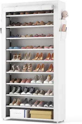 Image de Étagère à chaussures avec 11 niveaux, idéale pour l'entrée, capacité pour 50 paires de chaussures, couvercle anti-poussière, structure métallique, couleur blanche