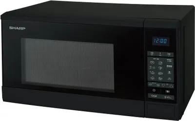 A black Sharp microwave oven is shown from a slightly elevated front-diagonal angle against a white background.