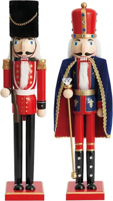 Productafbeelding van Figuren set 2 houten notenkraker 50cm - Koning & soldaat in feestelijke kleuren