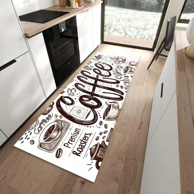 Produktbild von Küchenläufer 90 x 240 cm Braun rutschfest & waschbar – Küchenteppich Handgezeichneter Kaffee PVC Teppichläufer Küche