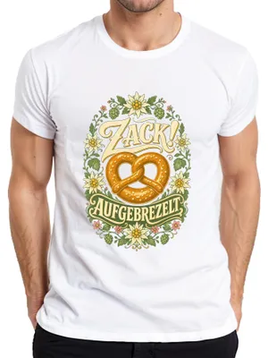 Produktbild von Zack! Aufgebrezelt Brezel Edelweiß Tracht Bayern Lederhose Dirndl Herren T-Shirt, Weiß, L