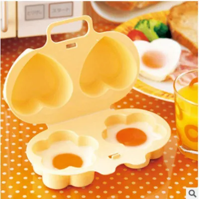Produktbild von Mikrowellen Eierkocher 2er Set, Eierformer und Eierformen zum Dämpfen und Kochen, Blumen- und Herzform, gelb