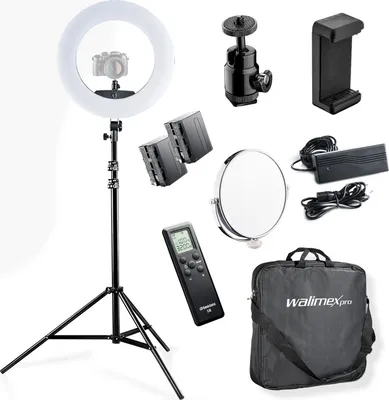 Produktbild von Walimex pro Medow 960 Pro LED-Ringlicht Set inkl. Stativ & NP-F Akkus, Bi-Color Ringleuchte, dimmbare Videoleuchte mit Fernbedienung 96 W, Lampenstativ mit Federdämpfung