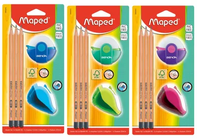 Produktbild von Maped Bleistift Set 3xBleistift Radierer Spitzer blau grün rosa 3fach sortiert