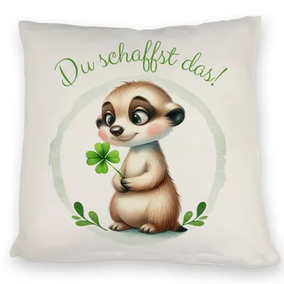 Produktbild von Erdmännchen mit Kleeblatt Kissen mit Spruch Du schaffst das