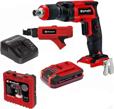 A collage of a cordless drywall screwdriver set, including the tool, battery, charger, magazine attachment, and case.