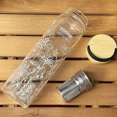 Obrázok produktu pre 1-litrová sklenená fľaša na pitie s bambusovým viečkom a krytom na sypaný čaj, fľaša na čaj so sitkom na čaj, 1-litrová sklenená fľaša na vodu (kvet)