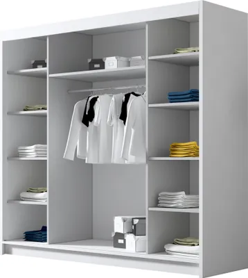 A white wardrobe with sliding doors, showing organized shelves and hanging clothes.