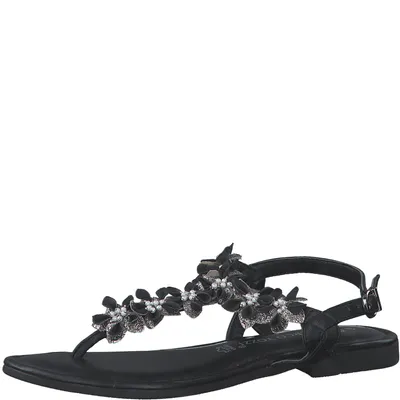 Produktbild von MARCO TOZZI Damen Sandale Zehentrenner T-Riemen Leder Blumen Perlen 2-28148-20, Größe:40 EU, Farbe:Schwarz