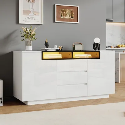 Obrázok produktu pre Komoda s LED osvetlením, 3 zásuvkami, 2 dvierkami, vysoký lesk, biela, 140x60x48 cm
