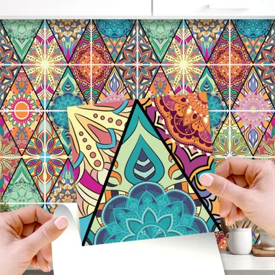 Produktbild von WALPLUS 24 PCS Selbstklebende Fliesenaufkleber15x15 Mandala Fliesenaufkleber Badezimmer Mehrfarbige Fliesenfolie Küche Einfach abziehen und aufkleben Hitzebeständige Fliesenfolie für Heimdekoration