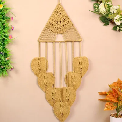 Produktbild von Handgewebter Baumwoll Wandbehang mit Blatt Quasten, Makramee Wandteppich Boho Wanddeko für Wohnzimmer Schlafzimmer, Khaki