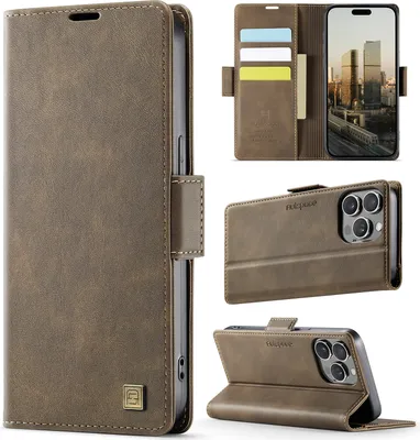 Image de Étui en cuir pour iPhone 15 Pro, protection RFID, fermeture magnétique, fentes pour cartes et support Marron