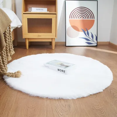 Productafbeelding van Hoogpolig Vloerkleed voor Woonkamer en Slaapkamer, Rond 120 cm, Wit