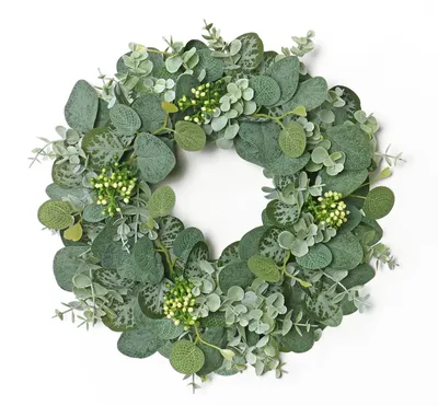 Productafbeelding van Kunststof eucalyptuskrans - Het hele jaar door te gebruiken - Decoratie voor de voordeur - Diameter 30 cm