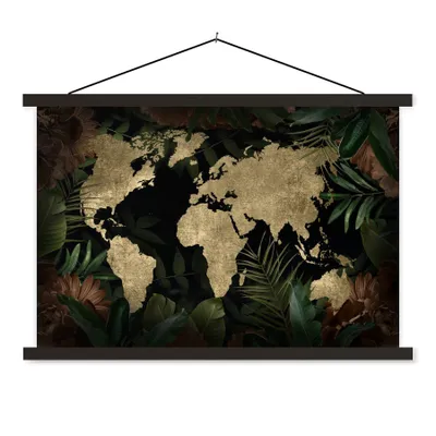 Produktbild von MuchoWow® Textilposter Weltkarte - Vintage - Pflanzen 90x60 cm mit schwarzem Rahmen - Aufhängungssatz