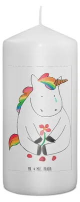 Produktbild von Mr. & Mrs. Panda Kerze Einhorn Traurig 15 x 7 cm - Weiß - Geschenk, Unicorn, Blockkerze, Freunde, Blume, Einhörner, Trauer, Stumpenkerze, Erinnerungslicht, Bedruckte