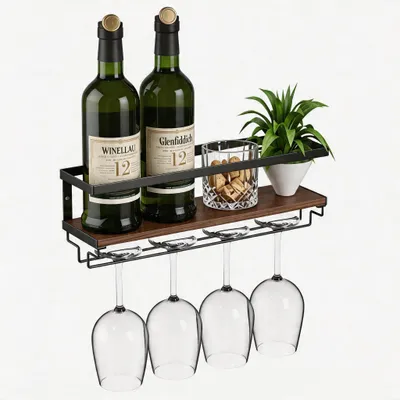 Weinregal Wandmontage mit Glashalter, Eisen/Holz, schwarz
